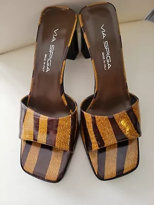 Via Spiga Womens Tiger Stripe Print Leather Tan Heel Sandals  Shoes 7.5 Medium  • $37.60