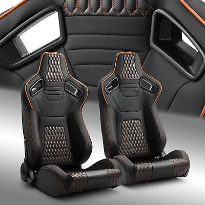 Pair Of PVC Carbon Fiber Leather Reclinable Racing Seats W/Silders Orange+Black • $331.98