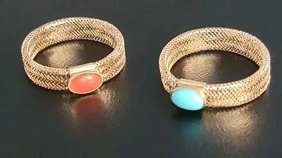 14k Yellow Gold Mesh Tapered Stretch Rings One Coral One Turquoise Center Bead🩵 • $269.90