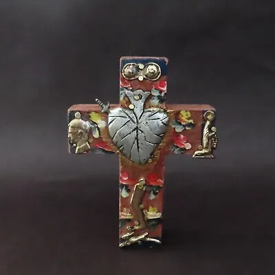 Tin Milagros Wood Cross Sacred Heart Milagro Hand Painted Mexican Folk Art • $19.95