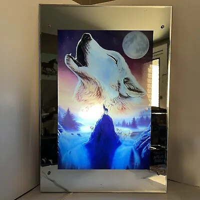 Vintage Motion Light Up Mirror  Sound Action Wolf Howling At Moon 25.5x17.5 • $35.87