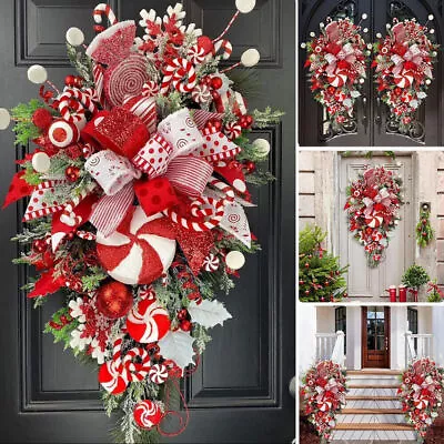 Christmas Wreath Garland Candy Cane Bow Ornament Front Door Wall Decor Xmas Newᑳ • $34.37