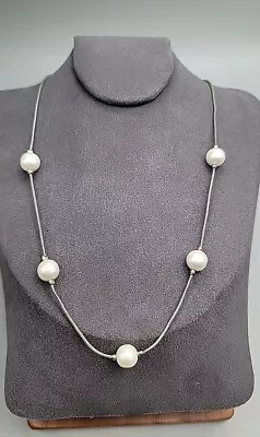 Vintage Napier Dainty Faux Pearl Station Choker Necklace 16  Silver Tone  • $25