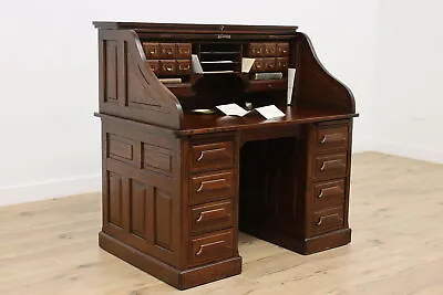 Oak Antique Roll Top Office Library Desk Raised Panels #46302 • $3450