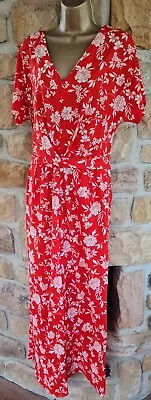 Next Size 18 Tall Red White Floral Wide Leg V Neck Stretch Summer Jumpsuit • £4.50