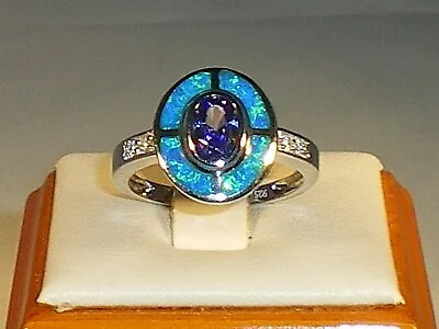Ladies Art Deco Sterling 925 Solid Silver Opal Sapphire & Tanzanite Target Ring • £31.95