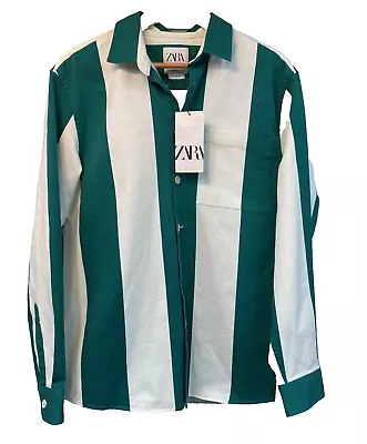 Mens Zara Green & White Vertical Stripes Button Down Relaxed Shirt New Size XL • $24.50