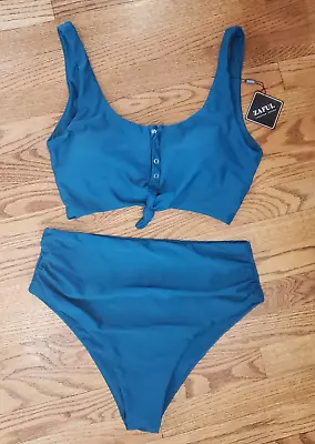 ZAFUL Snap Button Knot Tankini Bikini Swimming Peacock Blue 2-Piece XL Size 10 • $14.99