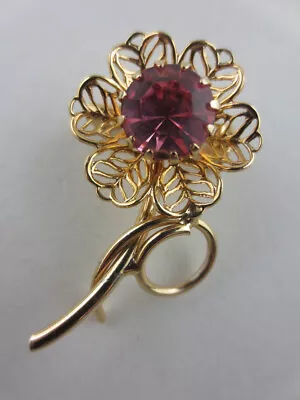 Vintage Filigree Gold Plated Pink Rhinestone Flower Scatter Pin Brooch • $6.99