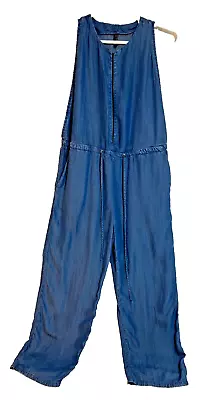 Zara Trafaluc - Blue Chambray Denim Sleeveless Keyhole Drawstring Jumpsuit Large • $21.95