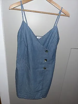 £11.99 • Buy TOPSHOP Pinstriped Cotton Denim Cami Wrap Mini Dress Sz 8 EXC