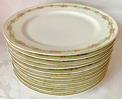 11 GORGEOUS 1907 T&V LIMOGES 9.5in LUNCH PLATES SWAGS PINK ROSES GREEN LEAVES • $59.99