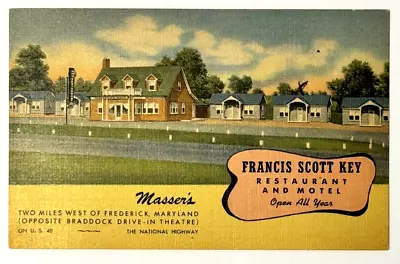 Frederick Maryland Vintage Postcard FRANCIS SCOTT KEY Restaurant & Motel Linen • $8.95