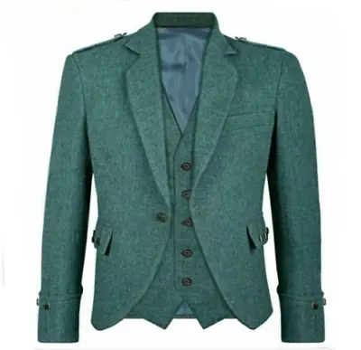 £69.99 • Buy Green Scottish Argyle Kilt Jacket With Waistcoat Men Stylish Wedding Jacket