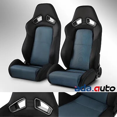 Black+Blue Fabric Reclinable Racing Seats Pair Left/Right W/Slider Universal • $348.38