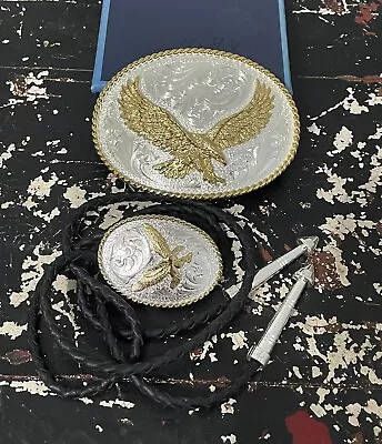 Montana Silversmiths Ornate Oval Belt Buckle & Bolo Set-Bald Eagle Landing • $75