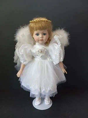 Porcelain Angel Doll Strawberry Blonde Curly Hair Blue Eyes Feather Wings 16  • $19.98