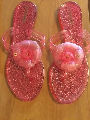 Authentic  Chanel Camellia Glitter Pink Jelly Flip Flop Sandals Size 38 Pre Own • £332.48