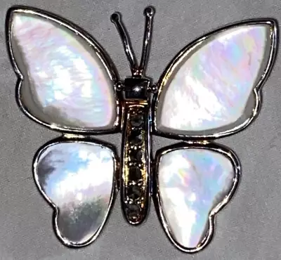 VTG Sterling Silver MOP Mother Of Pearl Butterfly Necklace Pendant • $19.99