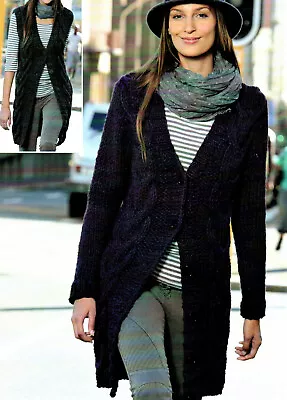 Super Chunky Ladies Cosy Long Cable Cardigan + Waistcoat Knitting Pattern 32-42  • £2.99