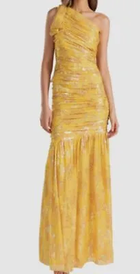 $730 Shoshanna Women Yellow Sia Sunrise Ruched Floral Jacquard Gown Dress Size 2 • $233.98