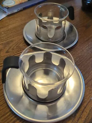 Michael Graves Design Tea Cups & Saucers Glass Stainless Steel Set Of 2 • $30