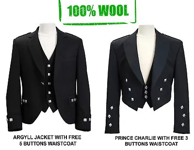 £69.99 • Buy Scottish Argyle Kilt Jacket With 5 Buttons Waist Coat Prince Charlie Kilt Jacket