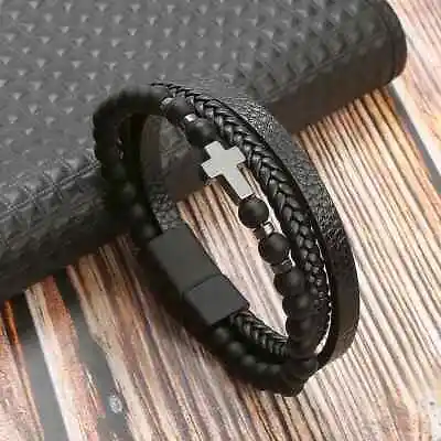 Men's Cross Braided Leather Bracelet Stainless Steel Religion Christian Bangle • $11.90