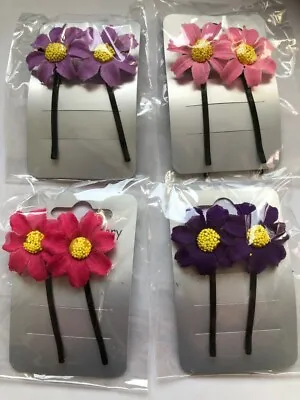 2 X Fabric Flower Daisy Hair Clips Kirby Grips Bobby Pins Pink Lilac Purple A163 • £1.75