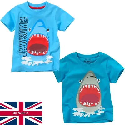 Boys Kids Shark Crab T-Shirt Tops Polo Short Sleeve Cotton 3D Print Blue Summer • £3.99