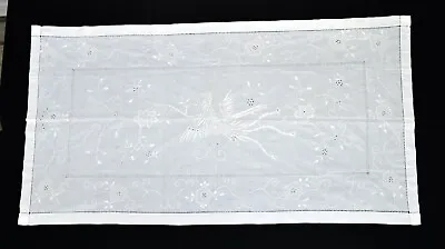 Vintage White Floral & Large Bird Embroidered Cutwork Cotton Tablecloth 30 X 57  • $24.99