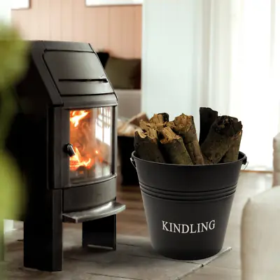 Kindling Firewood Fireside Bucket Black Metal Home Decor Round Log Coal Storage • £11.99