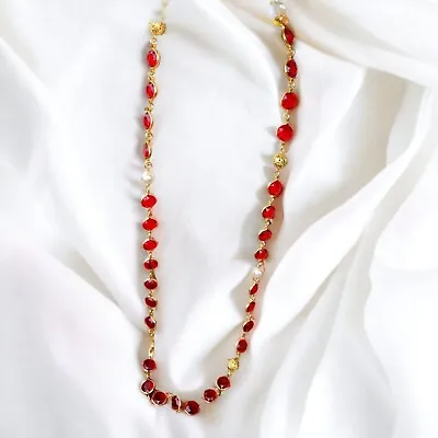 Red Swarovski Crystal 34  Strand Necklace Gold Tone Filigree Bead Vintage 80's  • $65