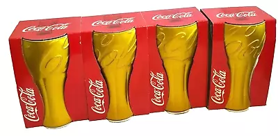 4 X Coca Cola Coke Glasses Gold Script Contour Aluminium Look Rare Gift  • $18.95
