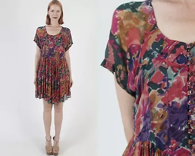 Vtg 90s Floral Grunge Babydoll Skater Micro Mini Dress Alt Rock Gauze Frock • $53.20