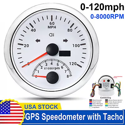 85mm White GPS Speedometer 0-120MPH With Tachometer 0-8000RPM For Marine Boat  • $50.30