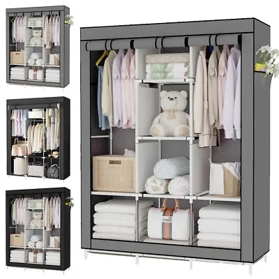 Heavy Duty Fabric Canvas Wardrobe Clothes Cupboard Hanging Rail Shelving Storage • £17.99