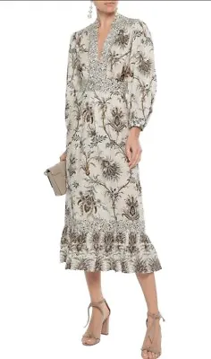 Zimmermann Tali Bib Tropical Linen Long Sleeve V Neck Midi Dress Floral Size 0 • $389