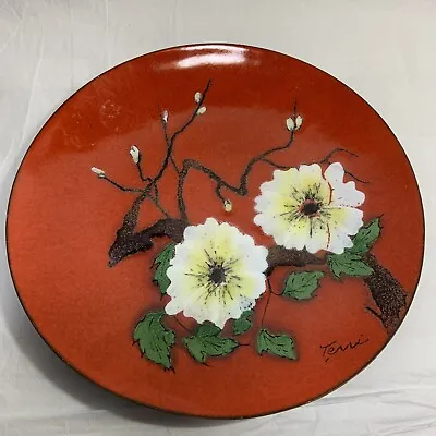 VINTAGE Signed TERRI Copper Enamel TRINKET TRAY MCM 8  Orange White Flowers Limb • $22.95