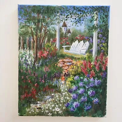 $10 • Buy Original Painting Garden Flowers, Stepping Stones, Swing, Turrets In Backgrnd