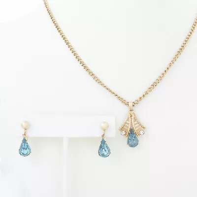 Mid-Century VAN DELL 12KT GF Aquamarine & Clear Crystals Necklace & Earrings Set • $42