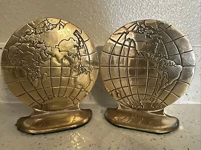 Vintage Mid Century Modern Brass  WORLD GLOBE Bookends EARTH Figure Set Of 2 • $30