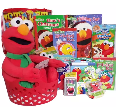 NEW Elmo CHRISTMAS GIFT BASKET COLORING BOOK TOYS 23' PLUSH Winter DOLL PLAY SET • $49.99