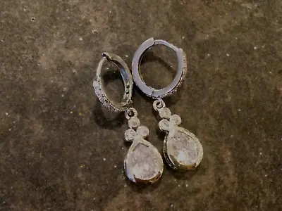Micro Pave Cubic Zirconia Huggie Hoop Earrings With Teardrop Dangle In Silver • $7.99