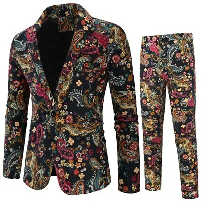 Men's Formal Dress Suit 2PCS Floral Printed One Button Stage Costume Blazer L  • $58.16