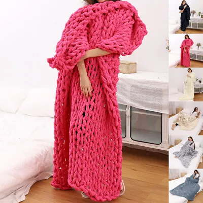 Luxury Chunky Chenille Hand Knitted Cable Knit Blanket Sofa Bed Office Throw UK • £14.09