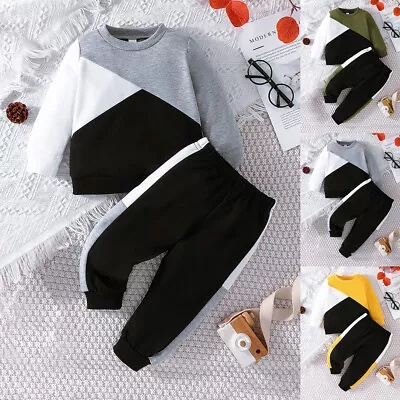 Toddler Baby Boys Colorblock Sweatshirt Pants Tracksuit Kids Casual Outfit Set • £4.99