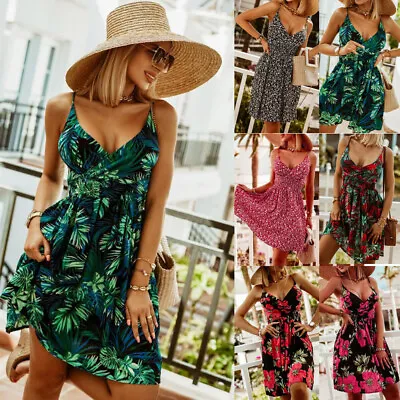 £11.99 • Buy Womens Tropical Sundress Ladies Strappy Beach Tank Loose Tunic Mini Dress