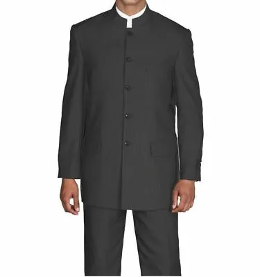 New Men's Mandarin Collar Pin Stripe Church Suit Jacket & Pants Black 38R~60L  • $72.99