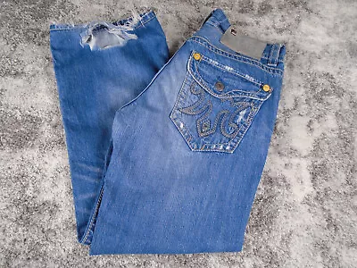 Mek Denim Jeans Mens 34x28 Bootcut Distressed Pocket Flap Embroidered • $25.87